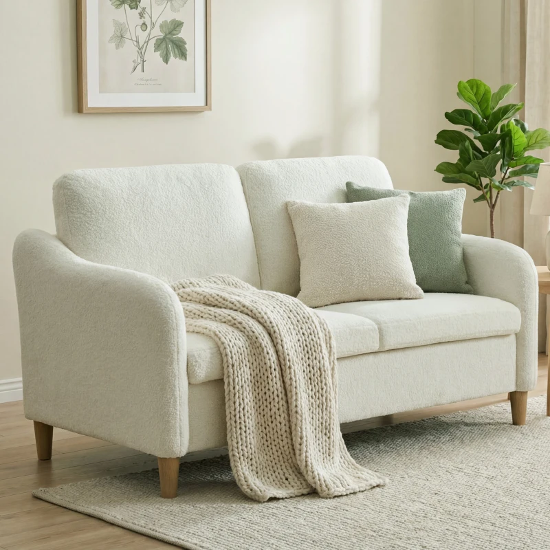 HOMCOM Canapé 2 places, canapé de salon en tissu bouclette avec coussins inclus, assise rembourrée, 137 x 69 x 82 cm, crème