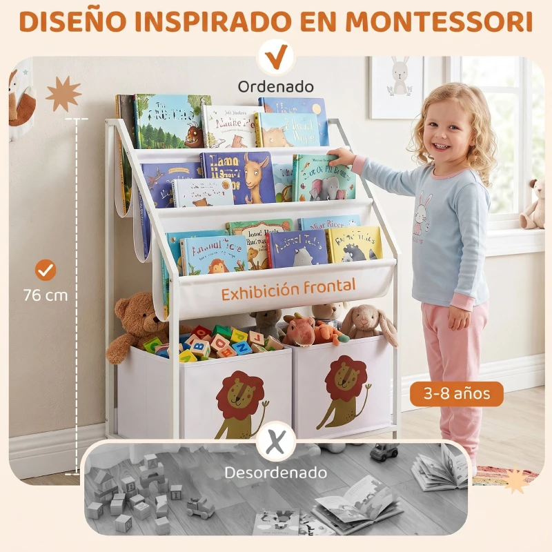 AIYAPLAY Librería Infantil de 4 Niveles Estantería para Libros con 3 Estantes 2 Cajones de Tela con Diseño de León Blanco