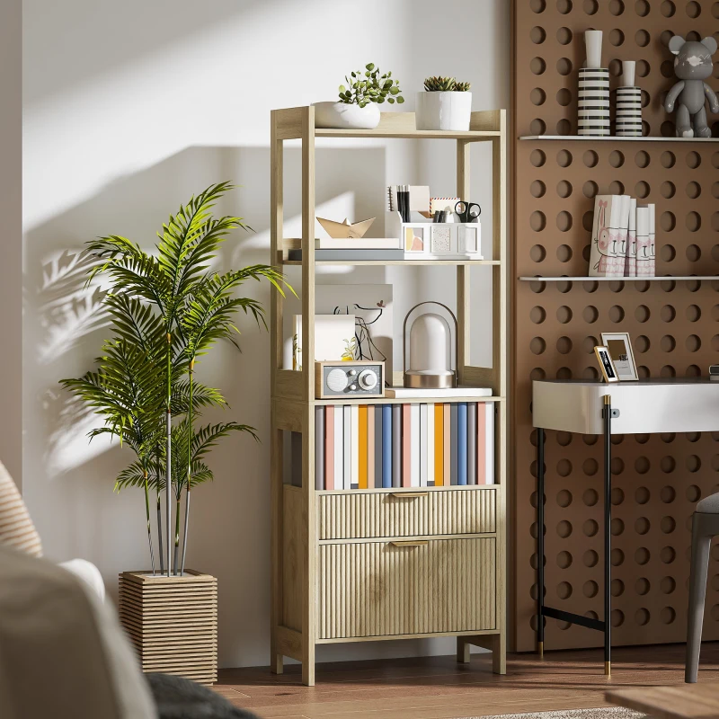HOMCOM Bibliothèque haute, meuble de rangement avec 4 étagères ouvertes et 2 tiroirs cannelés, 60 x 30 x 160 cm, bois naturel