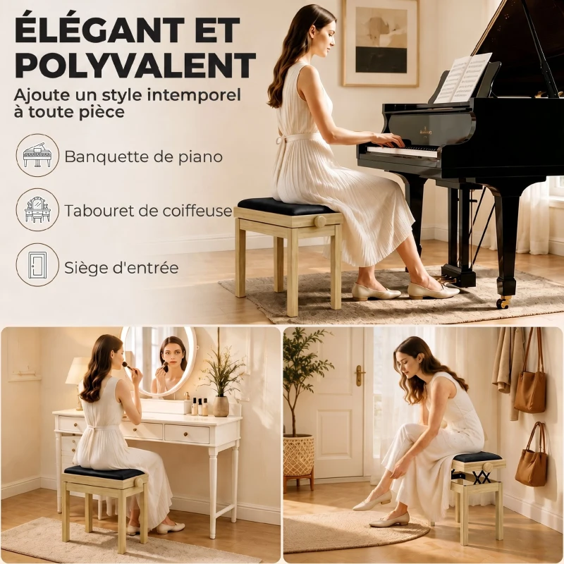 HOMCOM Banc de Piano, Tabouret Piano Réglable en Hauteur 45-56 cm, Banc de Clavier, Siège Rembourré en Velours, Bois Naturel
