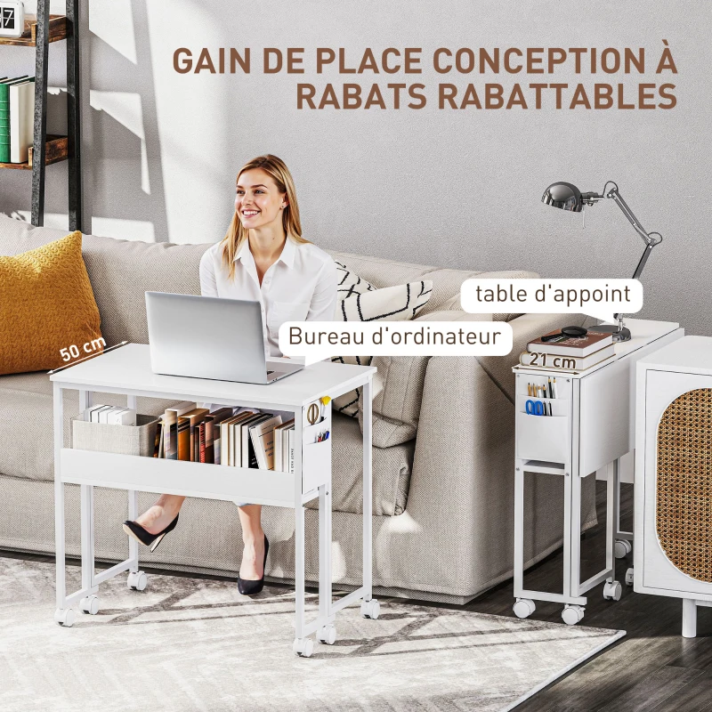 HOMCOM Bureau pliable sur roulettes 80 x 50 cm avec étagère et sac de rangement, blanc