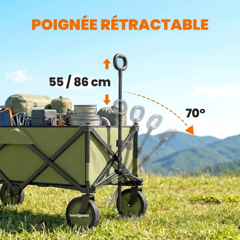 Outsunny Chariot de jardin pliable 4 roues bâche amovible poignée télescopique inclinaison réglable 5 sacs de rangement