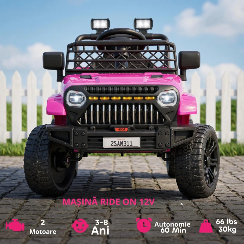 AIYAPLAY, mașină electrică 4x4 copii, telecomandă 2,4 GHz, 2 motoare 12 V, viteză reglabilă, muzică, lumini LED, negru