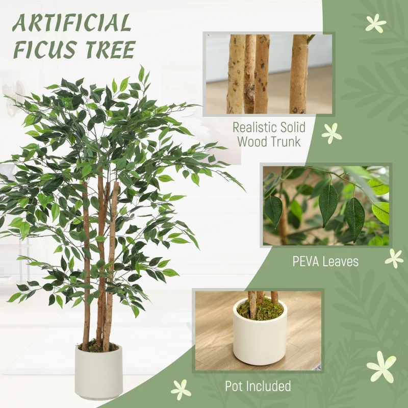 HOMCOM 120cm Artificial Ficus Tree, Fake Potted Tree with Solid Wood Trunk and Pot for Indoor, Green