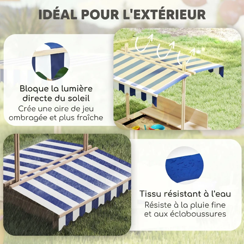 Outsunny Bac à sable carré en bois pour enfants dim. 106L x 106l cm avec bancs et couvercle - auvent réglable