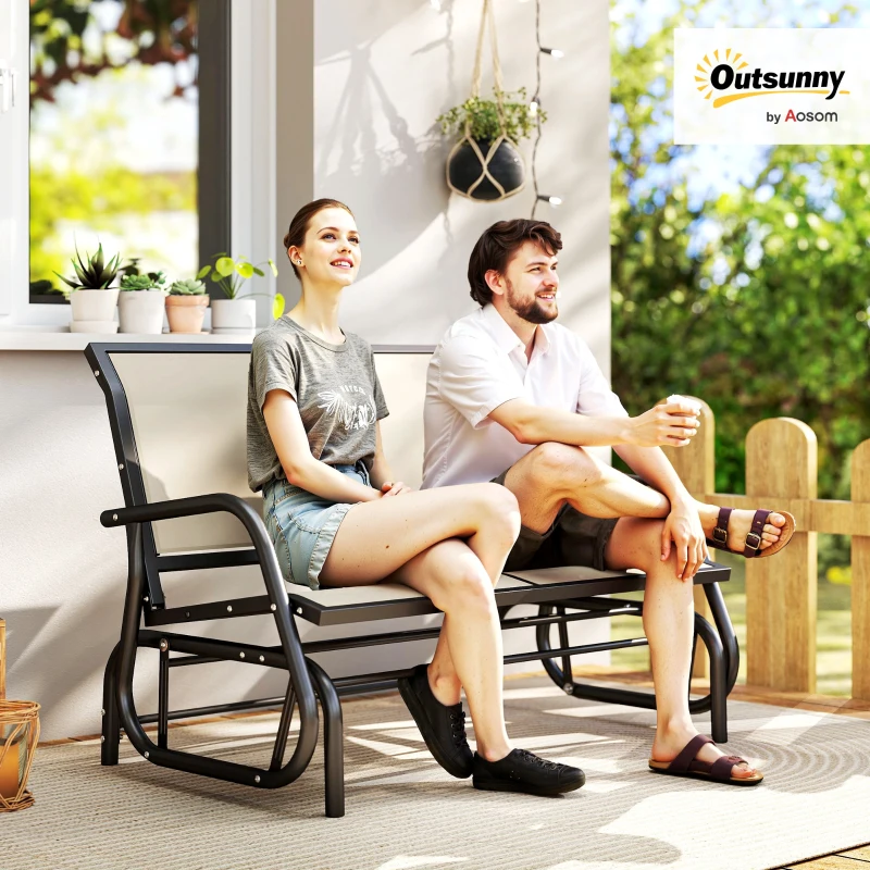 Outsunny Banc à Bascule de Jardin 2 Places Design Contemporain Grand Confort accoudoirs Assise et Dossier Ergonomique Acier textilène Beige