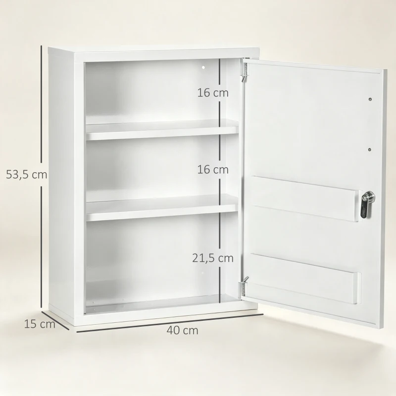 kleankin Armadietto Medicinali a Parete con 2 Ripiani e 2 Chiavi, in Acciaio, 40x15x53.5 cm, Bianco