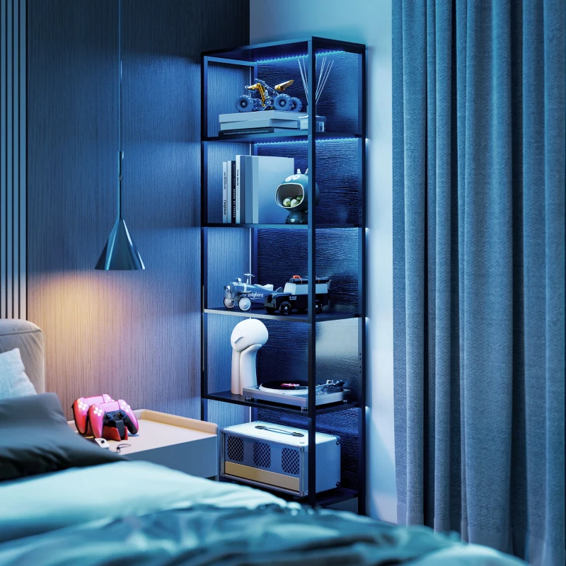 HOMCOM Bibliothèque étagère de rangement à 5 niveaux avec éclairage LED 7 couleurs, structure en acier, 60 x 30 x 179 cm, noir