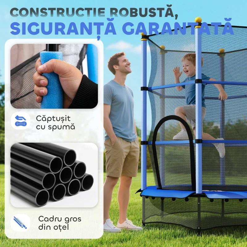 HOMCOM Trambulină pentru copii cu plasă de siguranță și stâlpi căptușiți, vârsta 3-10 ani, Ø140 x 190 cm, albastră