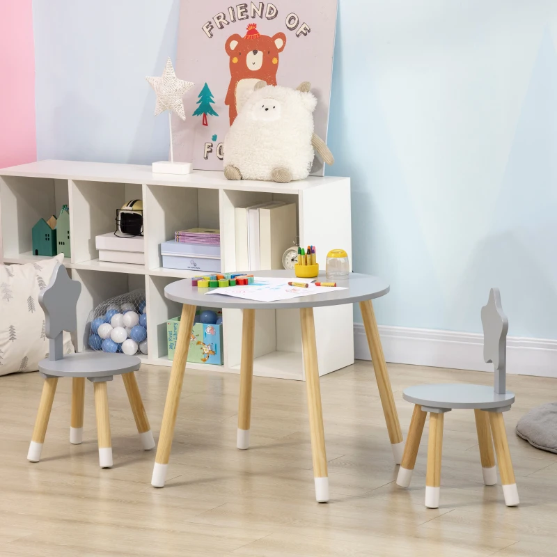 HOMCOM Set Tavolo con 2 Sedie per Bambini in Legno, Età da 18 Mesi a 4 Anni, Grigio