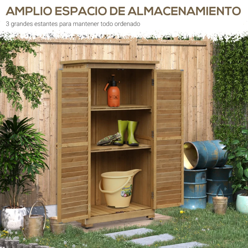 Outsunny Armario de Jardín 0,31 m² Cobertizo de Exterior con 2 Puertas y 2 Estantes Interiores 87x46,5x160 cm Madera Natural