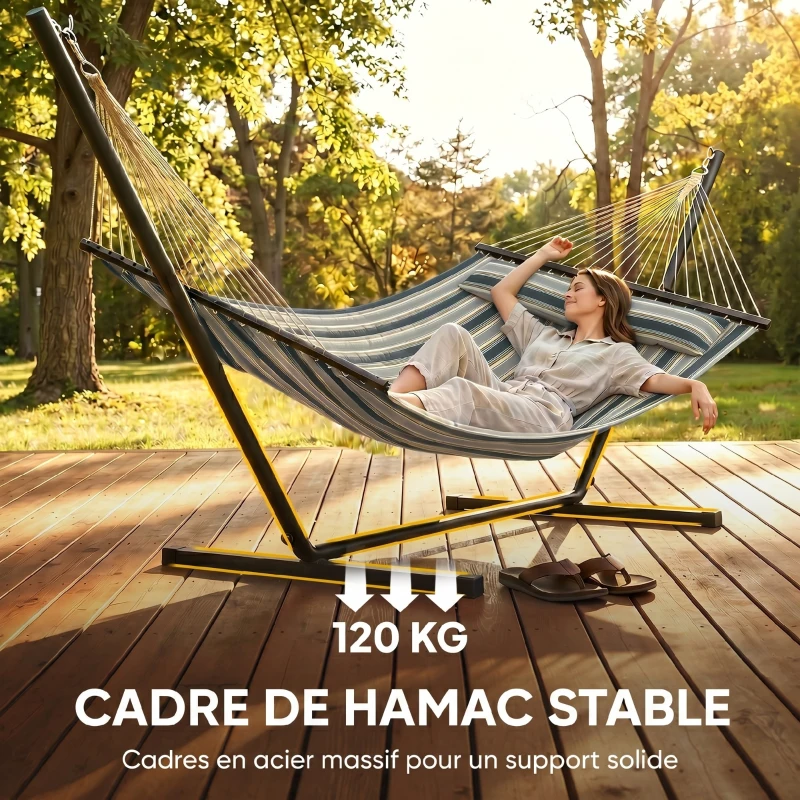 Outsunny Hamac sur pied 353 cm, hamac avec support acier avec coussin amovible et barres d'écartement, vert