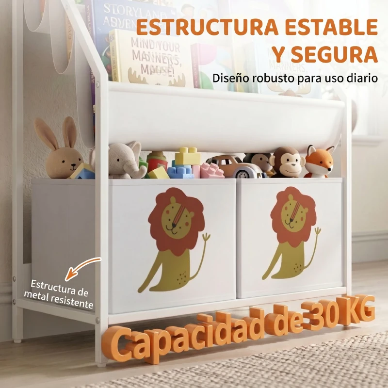 AIYAPLAY Librería Infantil de 4 Niveles Estantería para Libros con 3 Estantes 2 Cajones de Tela con Diseño de León Blanco
