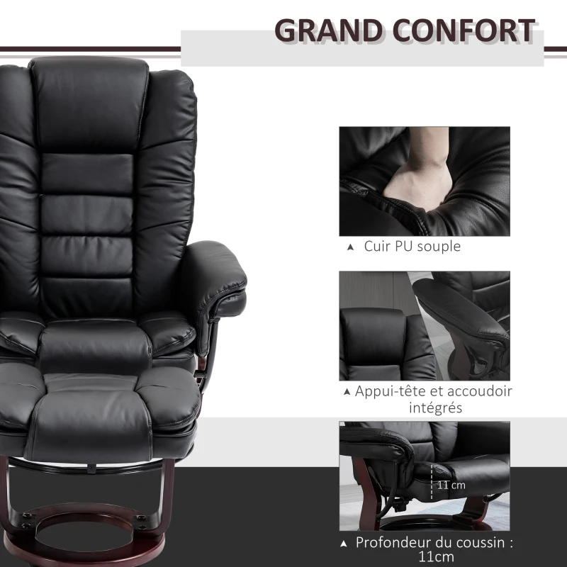 HOMCOM Fauteuil relax inclinable 135° grand confort pivotant 360° avec repose-pieds revêtement synthétique noir