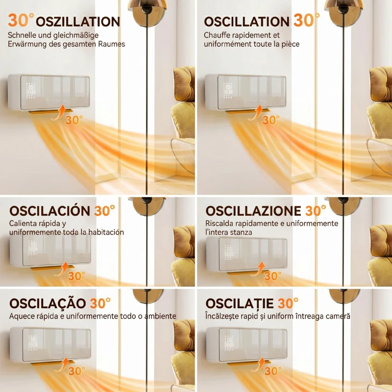 HOMCOM Aerotermă Electrică din Ceramică 2000W de Perete cu 3 Moduri, Temperatura Reglabilă, Timer, Telecomandă, Blocare pentru Copii, Alb
