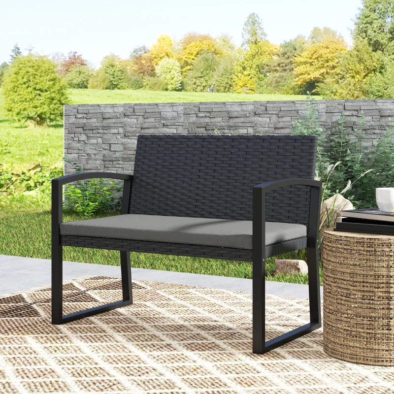 Outsunny Banc de jardin 2 places, banc d'extérieur en résine tressée PE avec coussin, acier galvanisé, 103x58x78cm, gris et noir