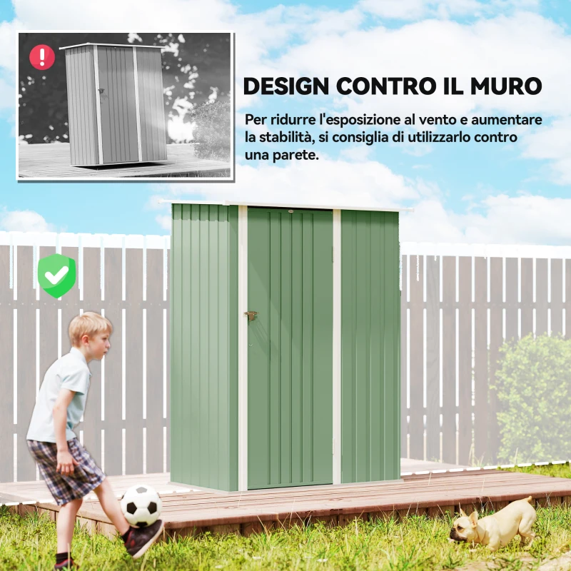 Outsunny Capanno Porta Attrezzi in Metallo con Tetto Inclinato e Porta Bloccabile, 142x86x189 cm, Verde Chiaro