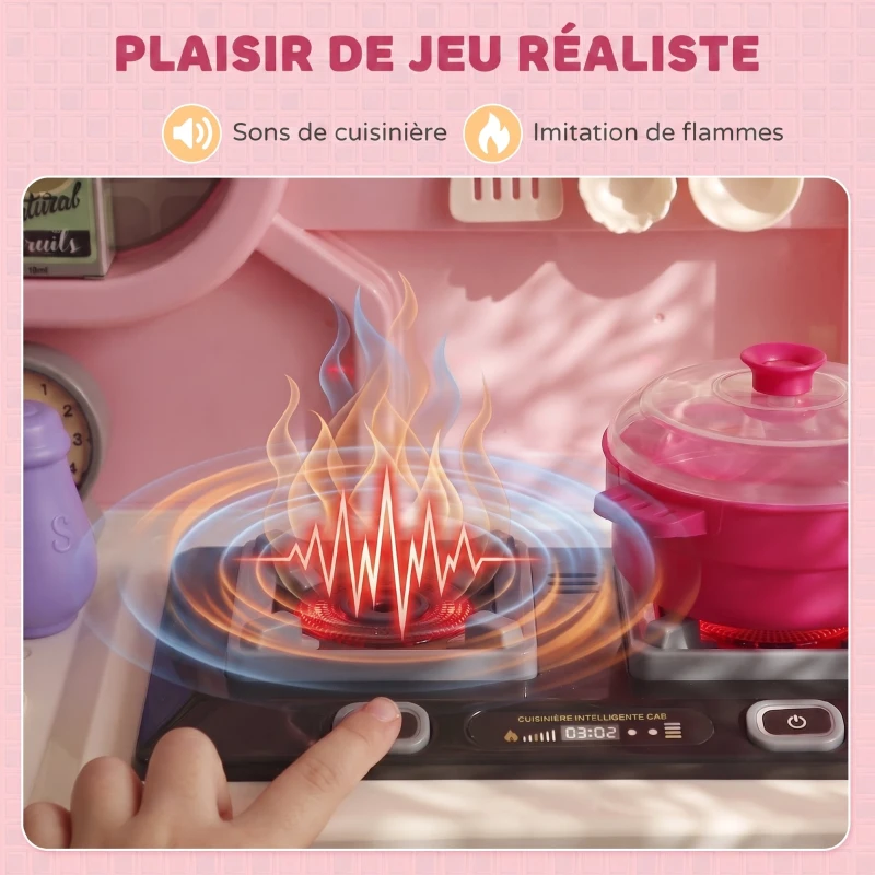 AIYAPLAY Cuisine pour Enfants Interactive, 33 Accessoires, avec Sons, Lumières, Rangement, 3-6 Ans, 67x25x87cm, Rose
