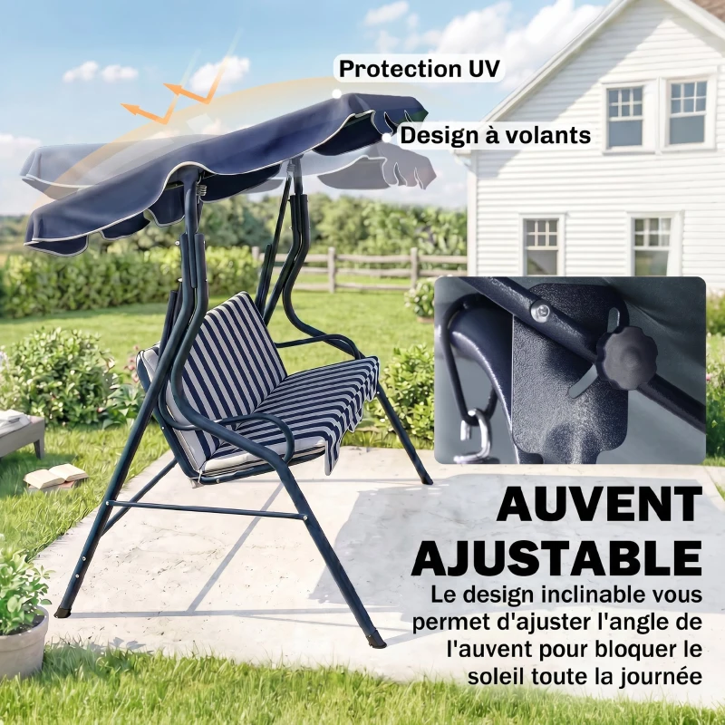 Outsunny Balancelle de Jardin 3 Places Toit imperméabilisé Inclinaison réglable Coussins Assise Dossier Bleu Blanc rayé
