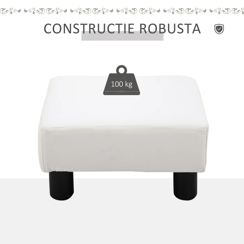 HOMCOM Taburet dreptunghiular tapițat cu piele ecologică albă, ideal pentru living și hol, 40x30x24 cm