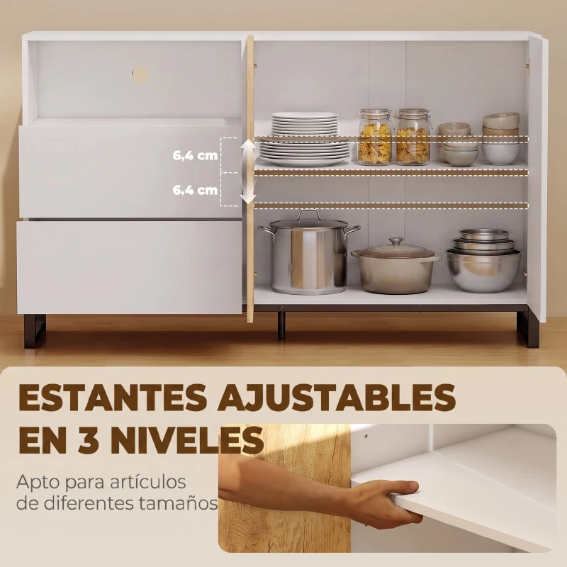 HOMCOM Aparador de Salón de 2 Puertas con 2 Cajones Compartimento Abierto y Estante Ajustable 140x40x85 cm Blanco y Roble