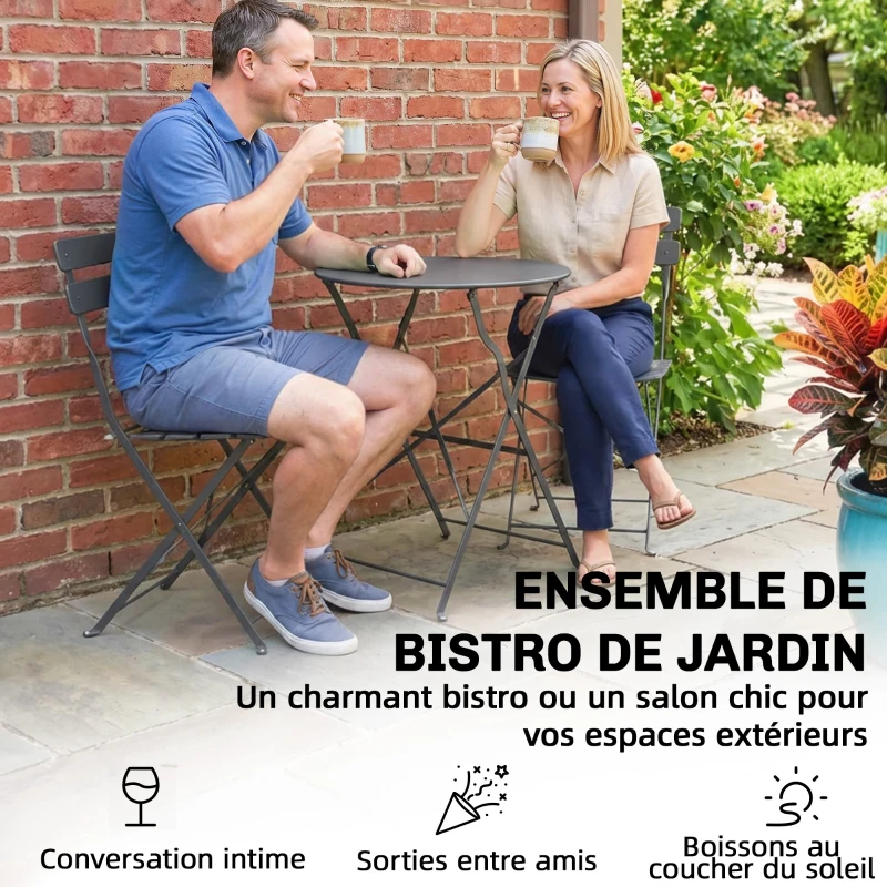 Outsunny Ensemble Bistrot de Jardin 3 Pièces Table et 2 Chaises Pliantes à Lattes Double Protection Antirouille Noir