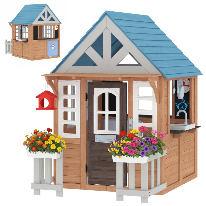 AIYAPLAY Cabane enfant extérieur en bois, maison enfant extérieure/intérieure avec chatière, cuisine de jeu, marron