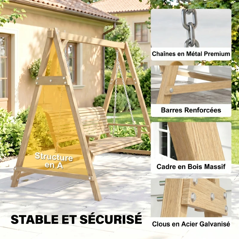 Outsunny Balancelle de Jardin 2 Places dim. 1,8L x 1,2l x 1,85H m accoudoirs Supports Verres Bois de mélèze pré-huilé