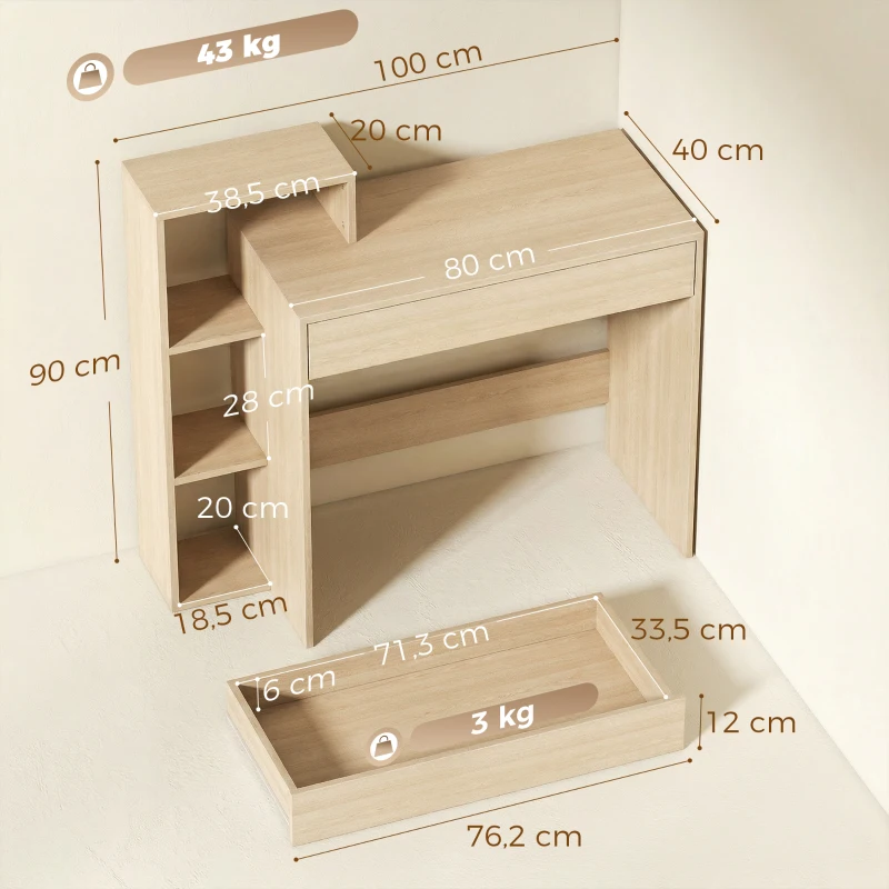 HOMCOM Bureau avec rangement, bureau d'ordinateur avec 3 étagères de rangement et tiroir, 100 x 40 x 90 cm, bois naturel
