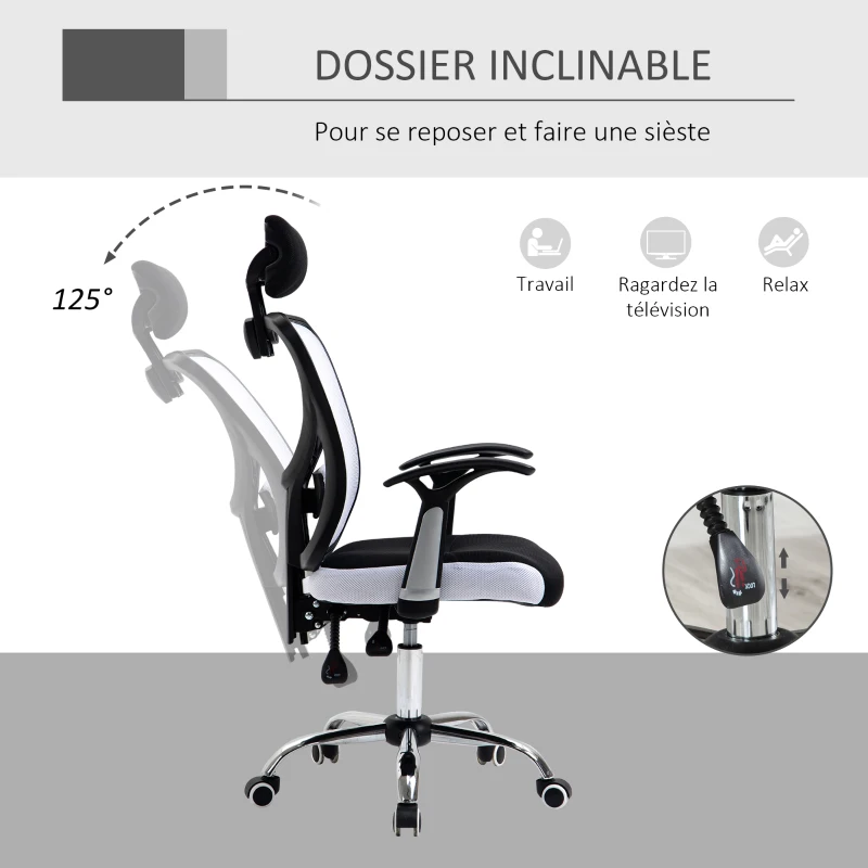 Vinsetto Fauteuil de bureau, chaise de bureau en maille avec hauteur réglable, dossier inclinable, 62x67x118cm, noir et blanc