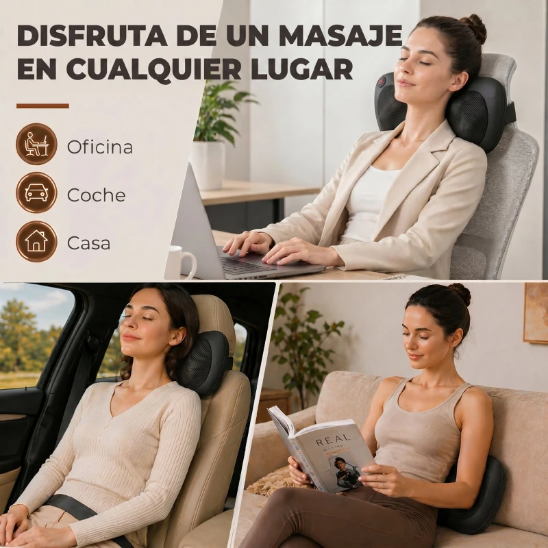 HOMCOM Cojín de Masaje Shiatsu con Calor y 4 Nodos  Amasado Giratorio 3D Alivio de la Fatiga Muscular