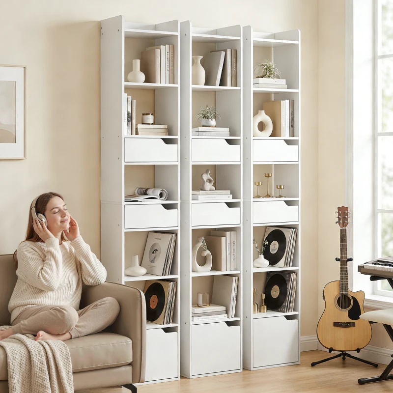 HOMCOM Bibliothèque étagère de rangement étroite, 32x24x181,5cm avec porte 2 tiroirs compartiments ouverts, blanc