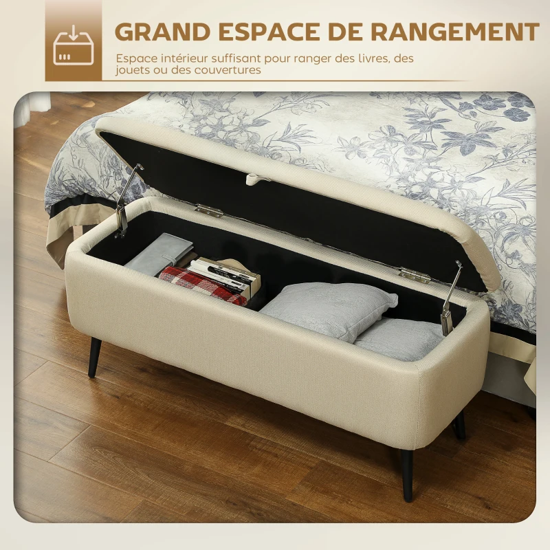 HOMCOM Banc banquette coffre de rangement 2 en 1 en tissu avec pieds en acier noir 102 x 40 x 39,5 cm beige