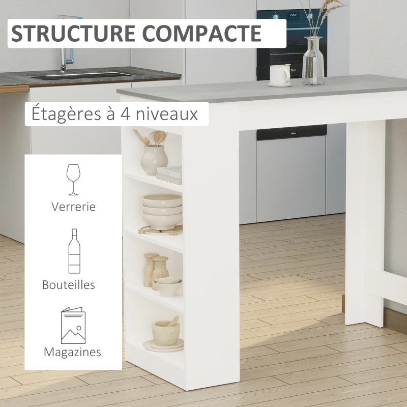 HOMCOM Table de bar pour 2 personnes, table haute mange debout avec 4 étagères ouvertes, 115x50x102,7cm, blanc et gris