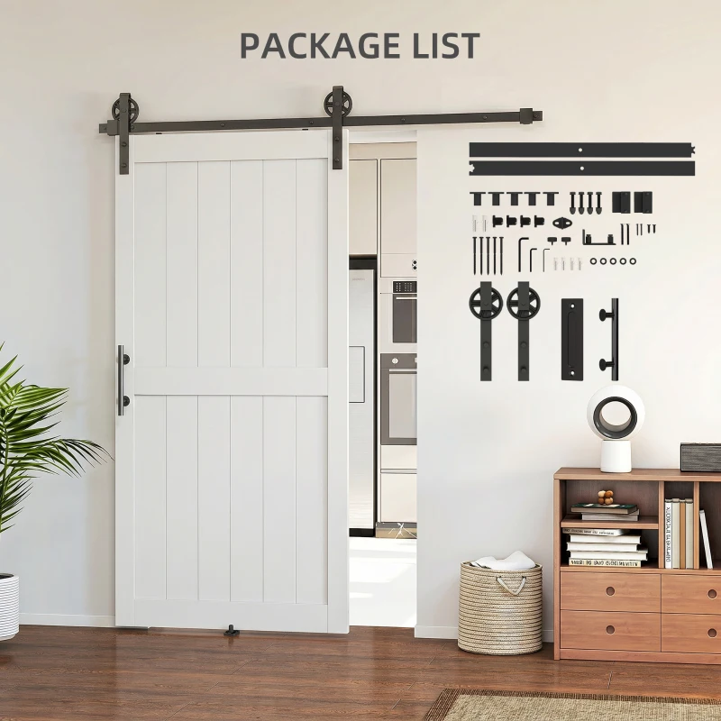HOMCOM 213.4cm Sliding Barn Door Kit, Sliding Door with Track, Hardware, Upgraded Rollers and Floor Guide, Handle, White