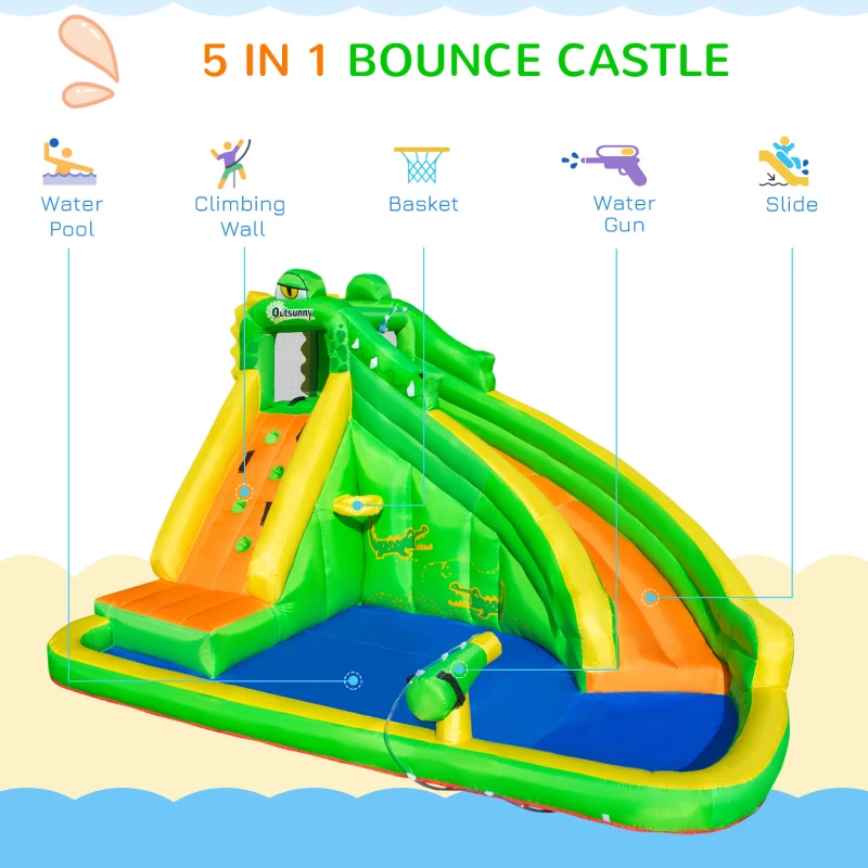 Outsunny Kids Bouncy Castle, 5 in 1 Large Crocodile Style Inflatable House Slide Basket Water Pool Gun Climbing Wall with Blower Carrybag for Kids Age 3-8, 3.85 x 2.85 x 2.25m