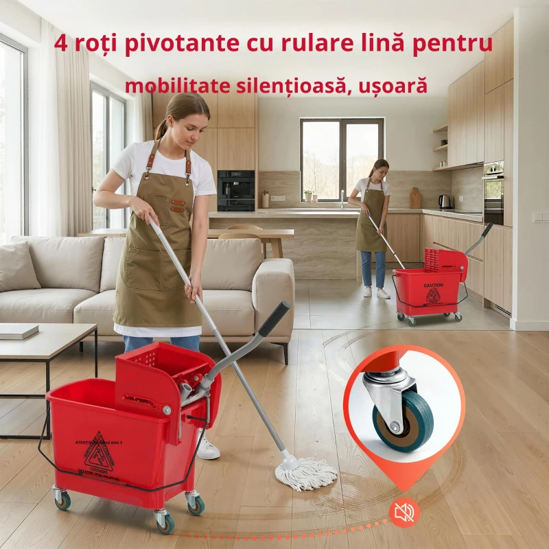 HOMCOM Găleată de mop cu stoarcător, panou separator și roți, capacitate 20 L pentru curățenie casnică 45x26,5x70 cm roșu