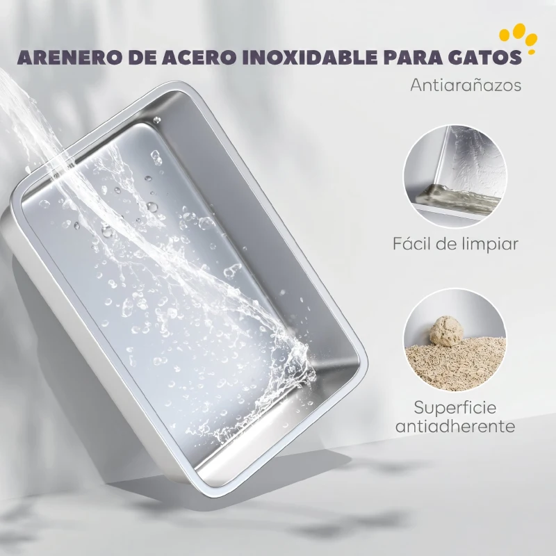 PawHut Arenero para Gatos de Acero Inoxidable XL Cerrado con Tapa Abatible Borde Alto Pala Antifugas Gris Claro