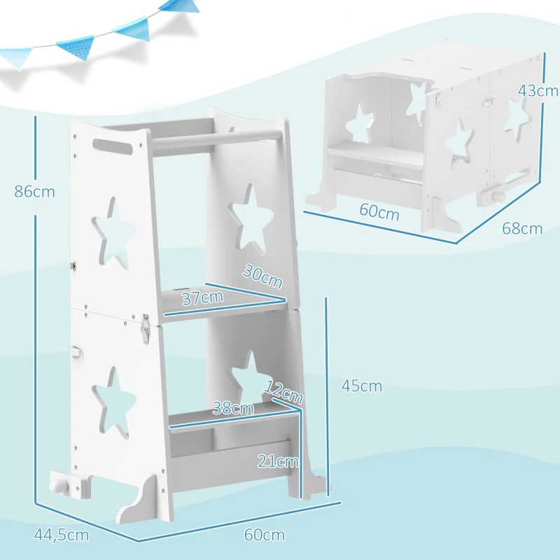 AIYAPLAY Torre de Aprendizaje 2 en 1 Convertible en Mesa y Silla con Barra de Seguridad 60x44,5x86 cm Blanco