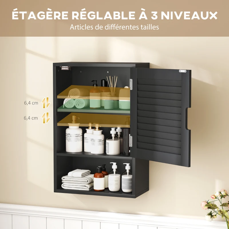 HOMCOM Armoire murale de salle de bain avec porte à lattes, étagère réglable et compartiment ouvert, 40x20x60cm, noir