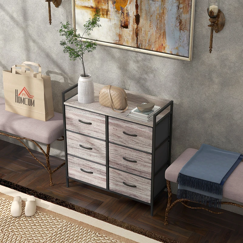 HOMCOM Commode, meuble de rangement pour chambre à 6 tiroirs tissu non tissé, cadre en acier, 79 x 29 x 85 cm, effet bois gris