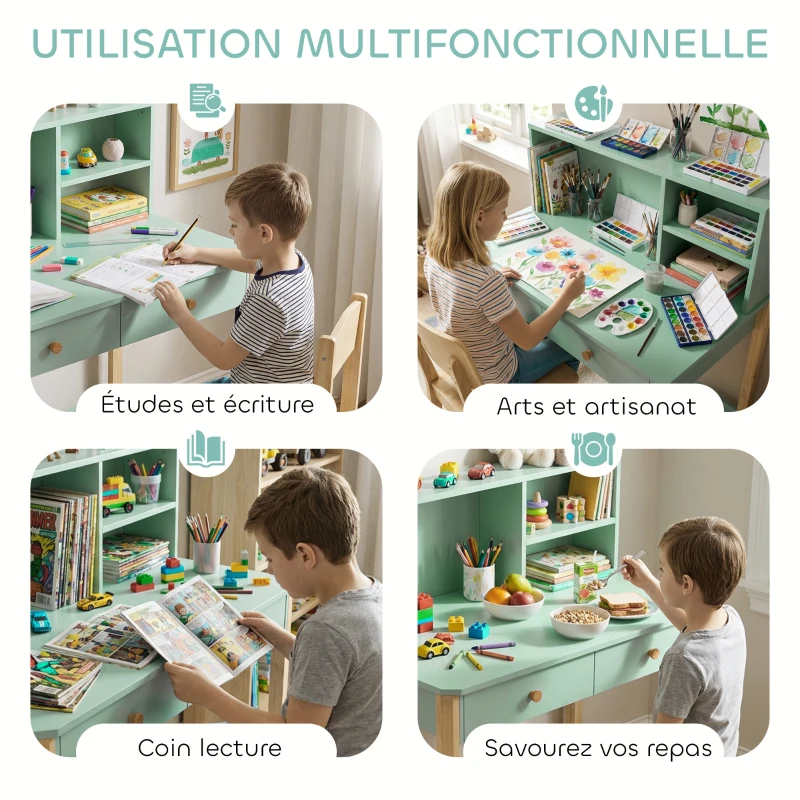 AIYAPLAY Bureau enfant en bois, bureau avec rangement, 2 tiroirs et 3 compartiments ouverts, plateau large, 90x52x105cm, vert