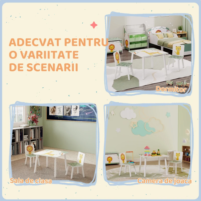 AIYAPLAY Set Mobilier Cameră Copii cu Masă și 2 Scaune pentru Copii de 3-8 Ani cu Model Animale, Verde
