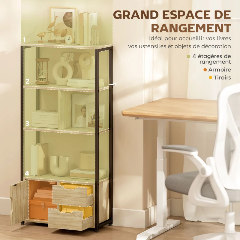 HOMCOM Bibliothèque style industriel 3 étagères placard porte 2 tiroirs 58 x 24 x 122 cm effet bois naturel acier noir