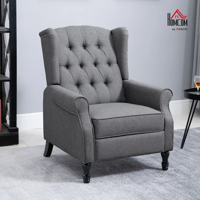 HOMCOM Recliner Armchair, Vintage Reclining Chair with Nail Head Trim, Wingback Chair with Button Tufted Back and Footrest, for Living Room, Light Grey