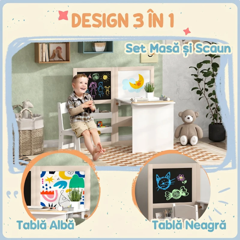 AIYAPLAY Set Masă și Scaun pentru Copii 3-8 Ani cu Tablă Neagră, Tablă Albă, Containere și Rulou de Hârtie, Alb