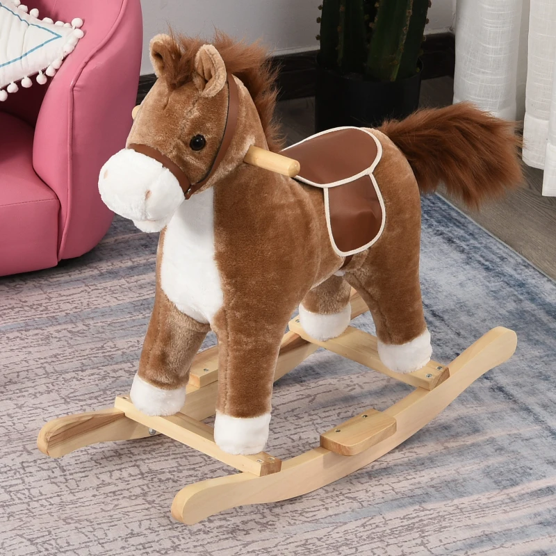 HOMCOM kinderschommel paardpluche bruin 65 x 32,5 x 61 cm met dierengeluiden speelgoed handgrepen(m-2)