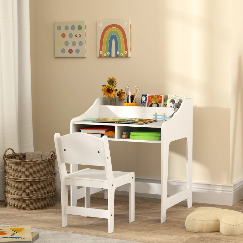AIYAPLAY Ensemble bureau et chaise pour enfant 3 à 8 ans avec compartiments et étagères ouverts, blanc