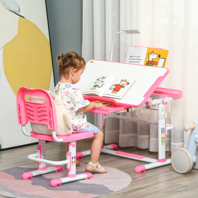 HOMCOM Set Scrivania per Bambini 6-12 Anni con Sedia Regolabile in Altezza, Cassetto, Luce e Piano Inclinabile, Rosa