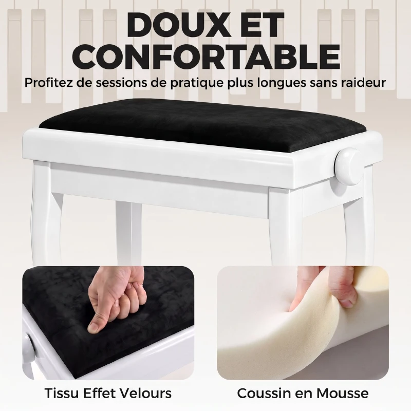 HOMCOM Banc de Piano, Tabouret Piano Réglable en Hauteur 45-56 cm, Banc de Clavier, Siège Rembourré en Velours, Blanc